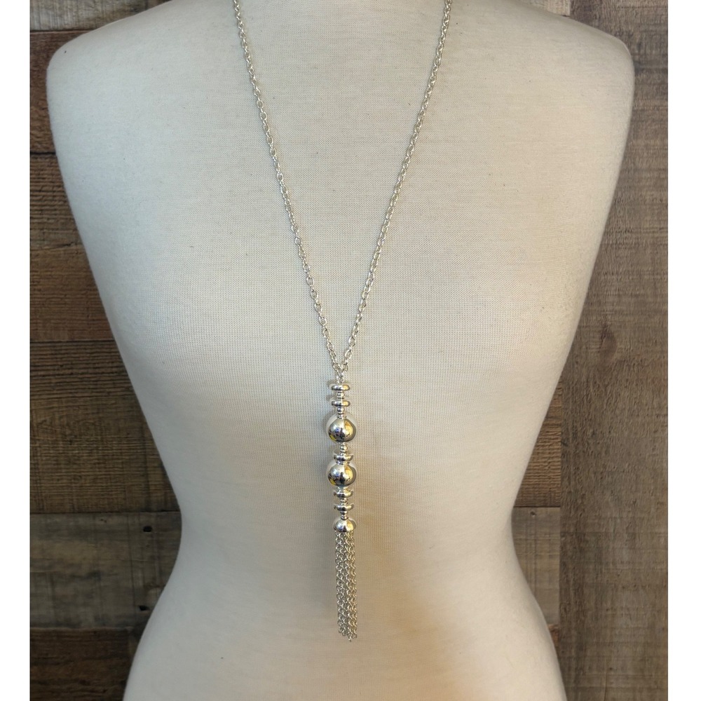 Chico's Silver Tone Long Beaded Tassel Pendant Necklace Adjustable 36-40 Inch